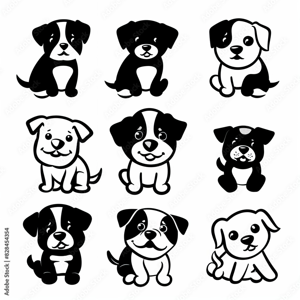 Obraz premium Cute dog icon set, pet animal flat silhouette, puppy icons, funny dog character pictogram, minimal woof sign