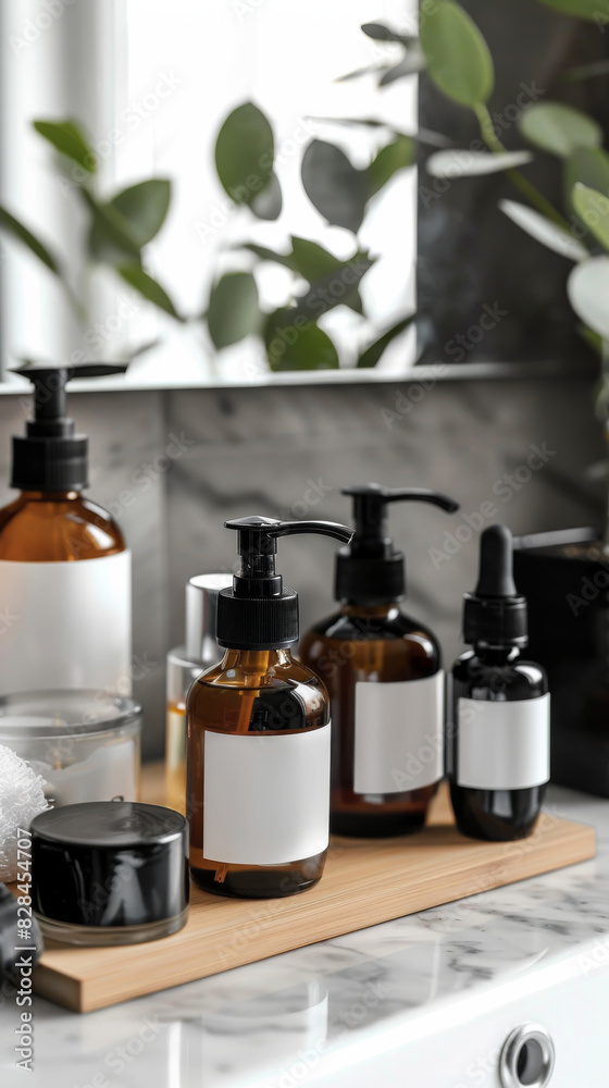 A collection of toiletries and beauty products are displayed on a wooden tray A collection of toiletries and beauty products are displayed on a wooden tray