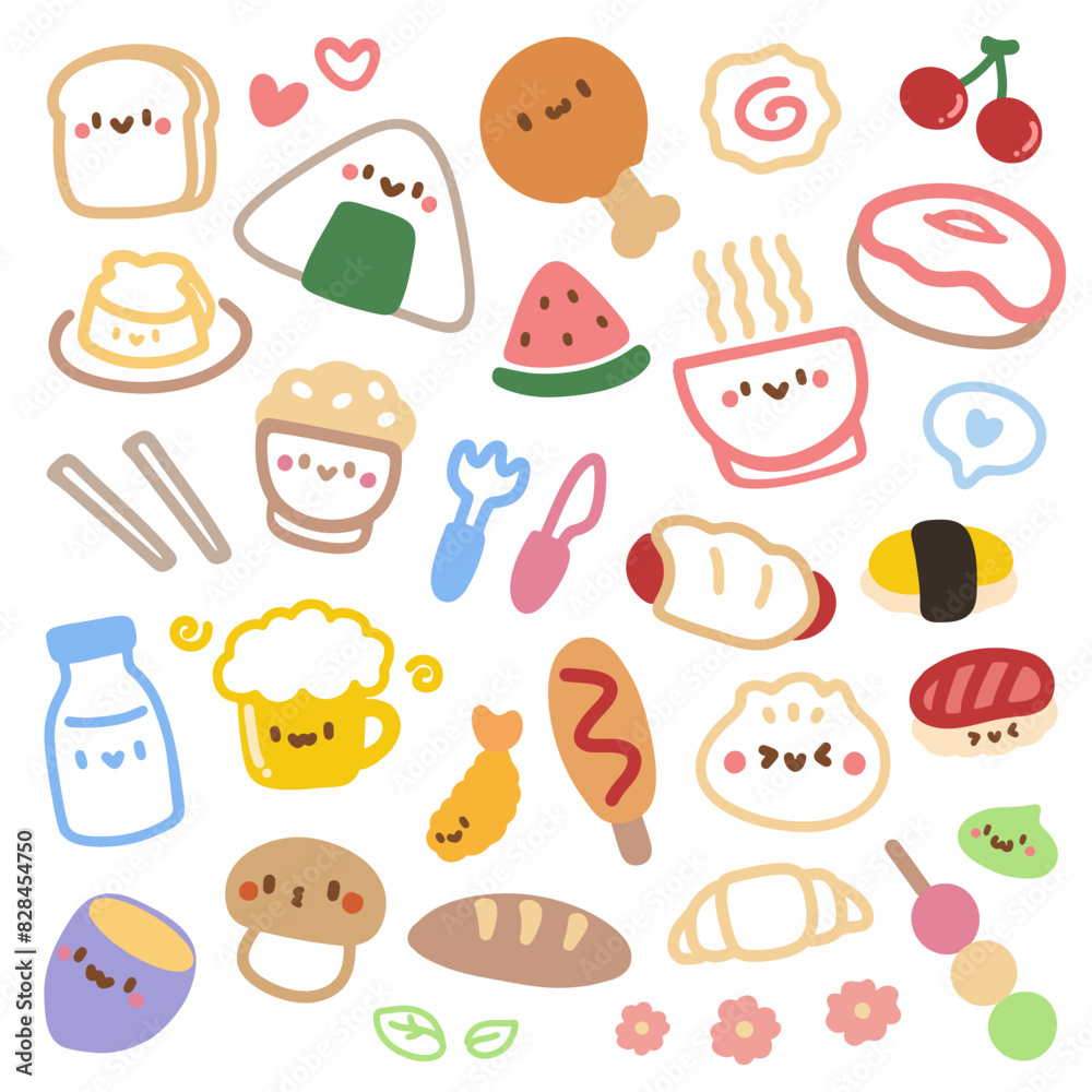 Kawaii Japanese Food Cartoon Illustration Set. Cute Hand Drawn Asian Food Characters Collection