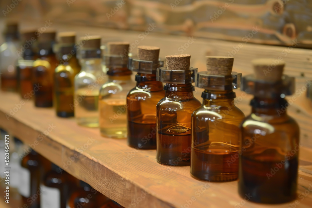 A row of brown bottles with cork stoppers on a shelf A row of brown bottles with cork stoppers on a shelf