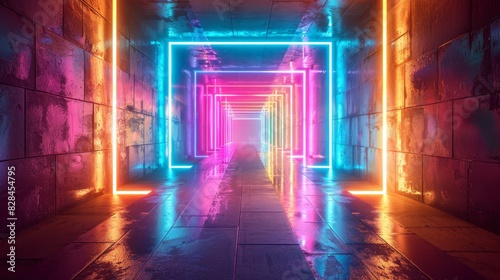 A series of neon squares arranged in a pattern, each glowing in a different color, creating a dynamic and eye-catching display.