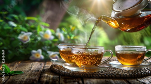 Tea Pot Pouring Tea Into Three Cups