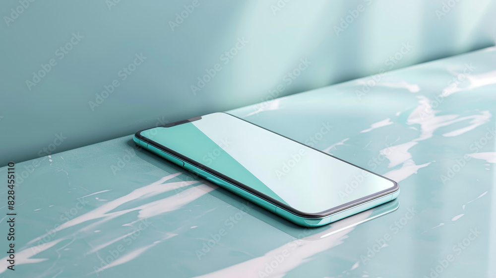 A phone is sitting on a table with a blue background A phone is sitting on a table with a blue background