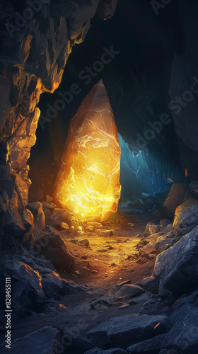 A large rock with a yellow glow is in a cave