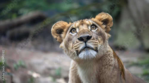 Curious lion cub gazing upward. Adorable lion cub with captivating eyes looking up with wonder and curiosity. © Lull