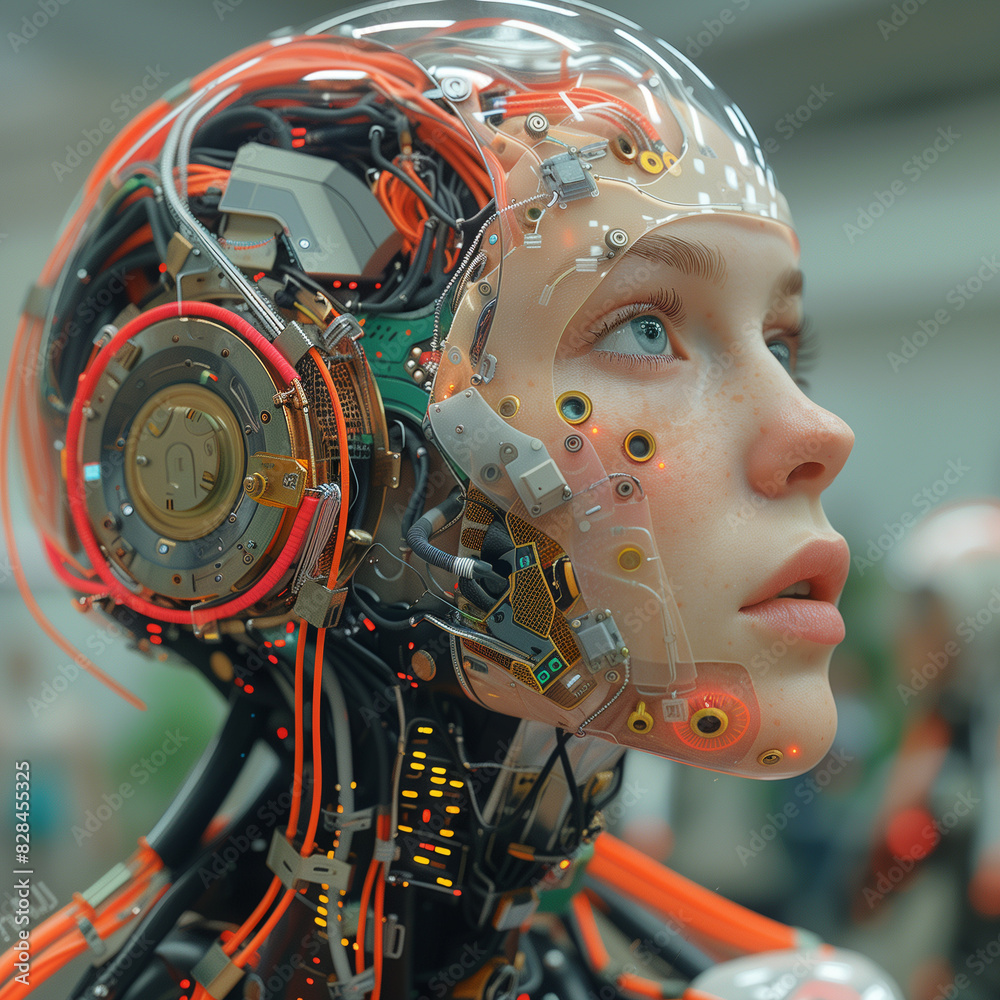 A female cyborg with visible inner technology components A female cyborg with visible inner technology components