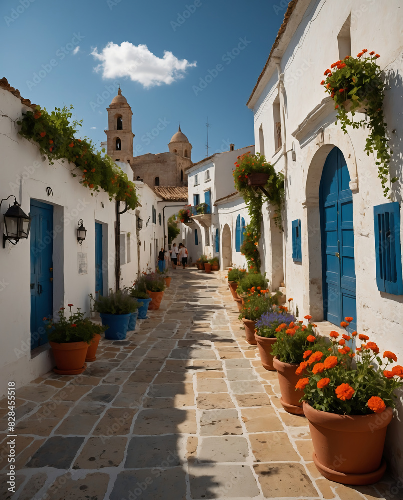 Naklejka premium Charming Mediterranean Street with White-Washed Buildings, Blue Accents, and Colorful Flowers on a Sunny Day