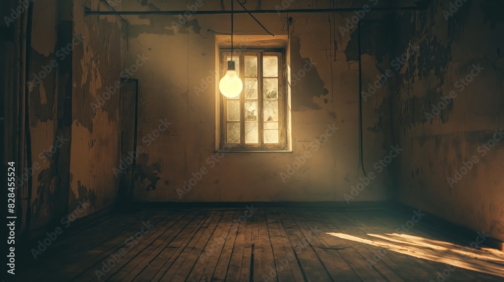 Obraz premium A room with a window and a light bulb hanging from the ceiling. The room is empty and has a dark, eerie atmosphere