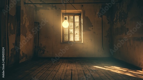 A room with a window and a light bulb hanging from the ceiling. The room is empty and has a dark  eerie atmosphere