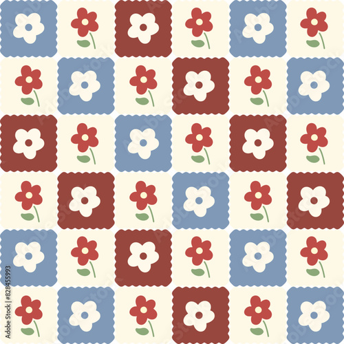 Vintage Floral Checkerboard Pattern with Red and Blue Flowers