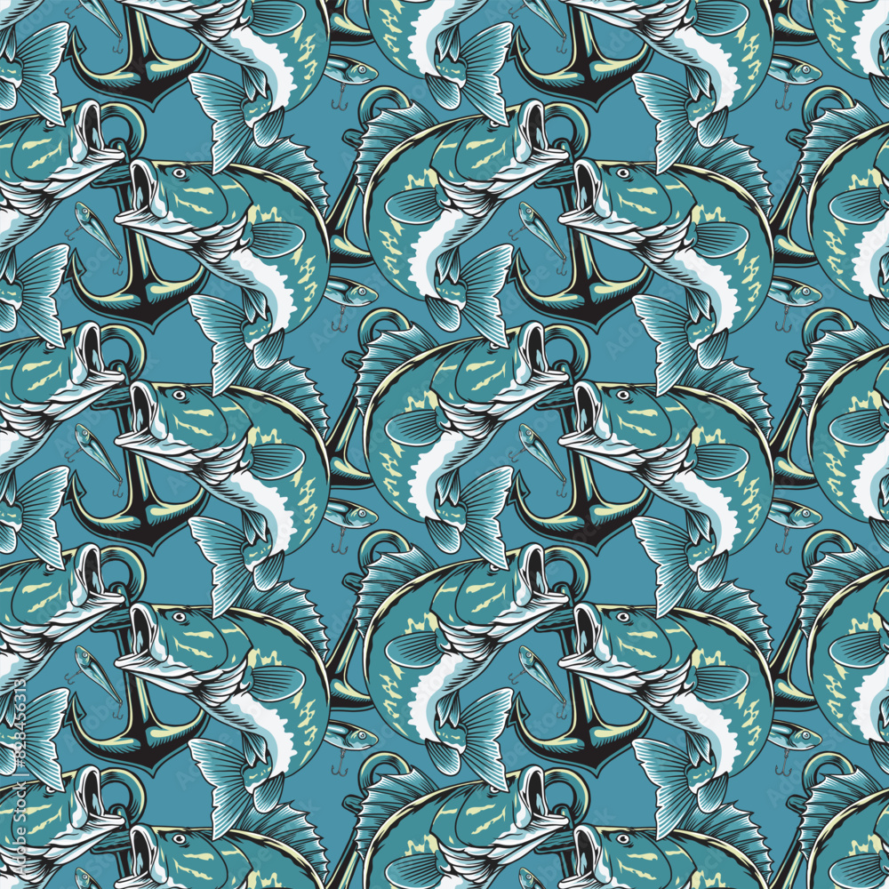 large mouth bass tuna fish and anchor cartoon seamless pattern in vector illustration design large mouth bass tuna fish and anchor cartoon seamless pattern in vector illustration design
