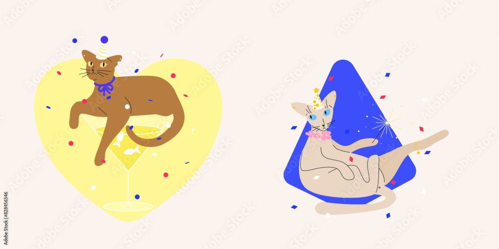 Naklejka premium Party festive cat vector illustration. Cute pets with drinking glasses and sparkler in party hats with confetti on abstract form. Cute card, postcard, poster or sticker.