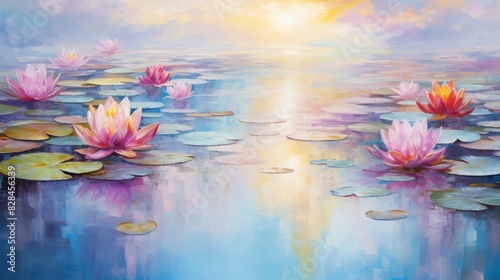 Impressionist Painting Of Water Lilies Against A Pastel Dawn Sky. Generative AI photo