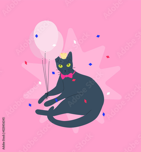 Party cat vector illustration. Serious russian blue kitty with a bow in a crown with balloons under confetti. Birthday or christmas card with funny cat and mean text.