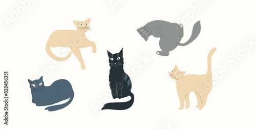 Cat vector illustration set. Simple group of shapes of hand drawn animals. Poses of russian blue, british shorthair, bengal, siamese, sphynx and burmese. Friendly cute pet illustration.