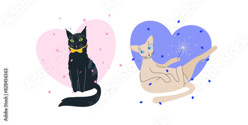 Valentines day cat vector illustration. Cute pets with bow and sparkler in party hats with confetti on abstract heart form. Positive card, postcard, poster or sticker.