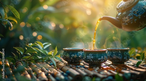 Tea Pot Pouring Tea Into Three Cups