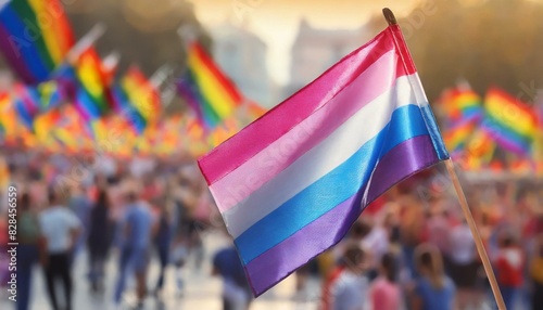 bisexual flag on the background of the pride parade, lgbt pride month, fight against homophobia, tolerance, rally of many people