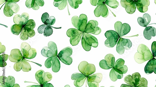 Seamless pattern, watercolor clover leaves on white background.