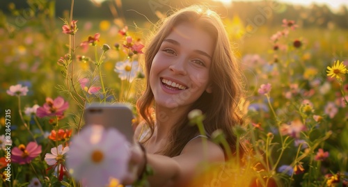 Girl in Field of Flowers Holding Cell Phone