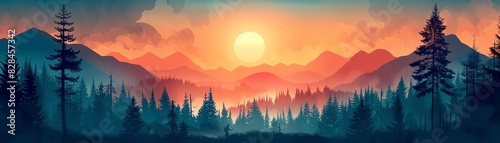 Evergreen forest flat design front view nature theme animation vivid