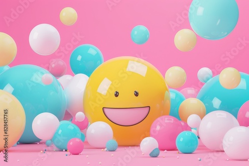 A yellow smiley face is surrounded by many colorful balloons