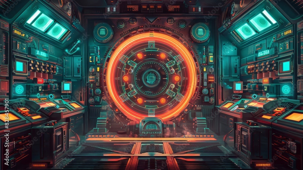 Futuristic Control Panel in a Vibrant Sci-Fi Environment, Cartoon Art Colorful Digital Illustration of a High-Tech Control Room in the Future