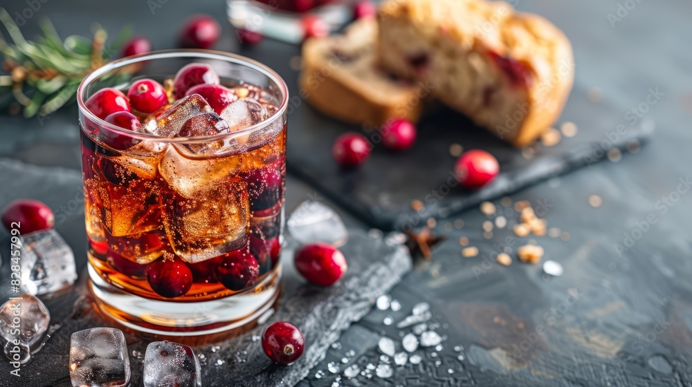 glass of iced bourbon and cranberry bread. with copy space glass of iced bourbon and cranberry bread. with copy space