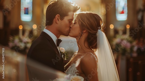 Bride and Groom Kissing in Church