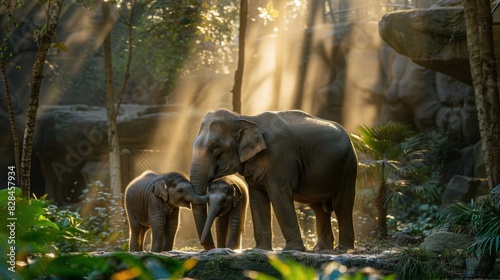 Adult and Baby Elephant Standing in Forest