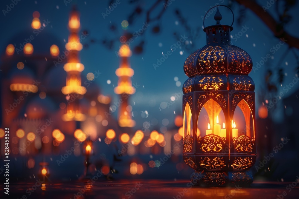 Lantern Glow Against Mosque Silhouette at Night Generative AI Lantern Glow Against Mosque Silhouette at Night Generative AI