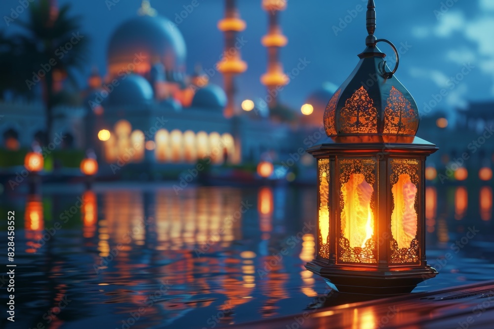 Vibrant Ramadan Lantern Against Mosque Backdrop at Night Generative AI