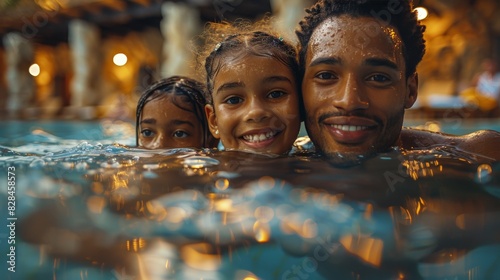 Man and Two Young Girls Swimming in Pool