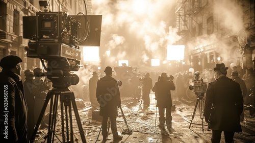 Filming a Vintage Movie Scene on a Historic Street Set