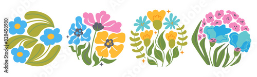 Set of groovy flower plant. Circle botanical shape in modern style. Curvy psychedelic summer floral decoration.