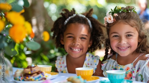 Two Young Girls Sitting at a Table With Plates of Food
