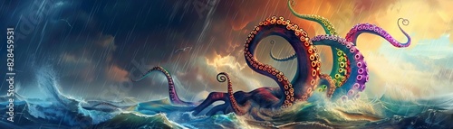 LGBT Kraken Focus on a kraken with rainbow tentacles emerging from the ocean with a stormy sea background  empty space center for text