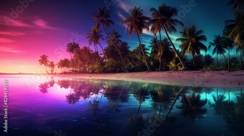 Tropical Beach Sunset With Palm Trees And Reflections. Generative AI