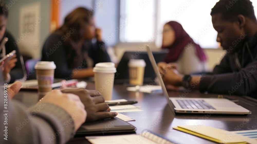 Diverse Team Collaborating in Office with Laptops and Coffee Group of Colleagues Engaging in Teamwork in a Conference Room Diverse Team Collaborating in Office with Laptops and Coffee Group of Colleagues Engaging in Teamwork in a Conference Room