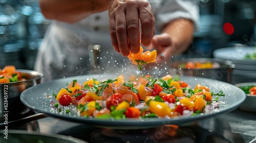 Chef Sprinkling Vegetables on a Plate in a Kitchen