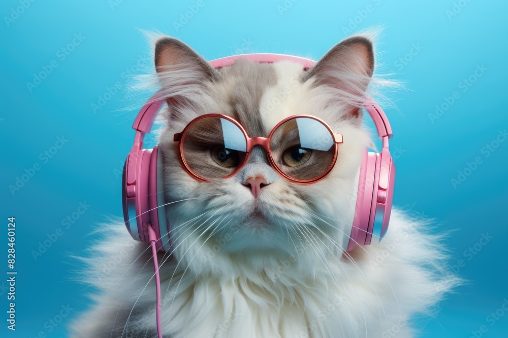 White cat wearing pink headphones