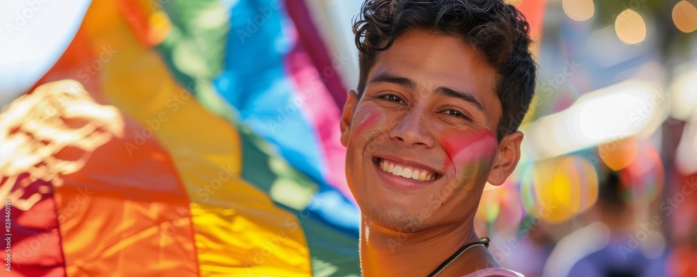 Pride Celebration Focus on a fullbody portrait of a young man Hispanic 20s holding a rainbow flag with a city parade background Pride Celebration Focus on a fullbody portrait of a young man Hispanic 20s holding a rainbow flag with a city parade background