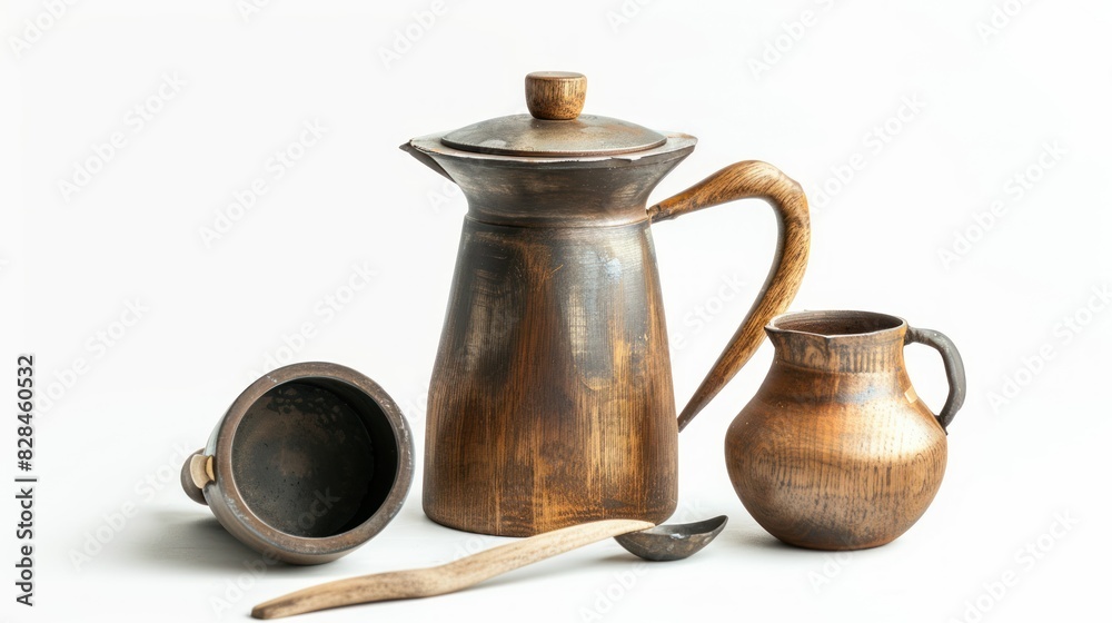 Coffee pot set with accessories isolated on white. Environmentally friendly friends Coffee pot set with accessories isolated on white. Environmentally friendly friends