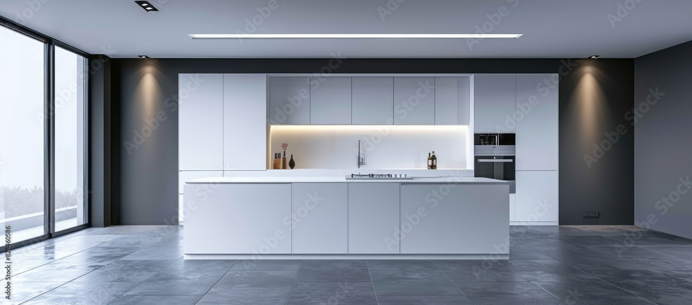 Minimalist white kitchen interior with a white island, handleless cabinets, and recessed lighting Minimalist white kitchen interior with a white island, handleless cabinets, and recessed lighting