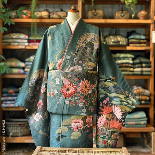 Japanese Geisha in Traditional Green Kimono