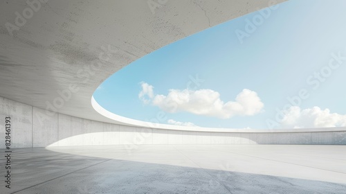 Empty concrete floor for car park. 3d rendering of abstract white curved building with blue sky background. 