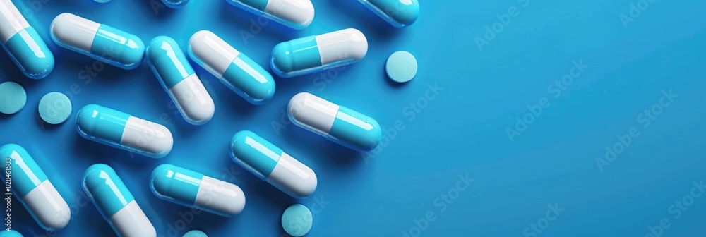 Blue and white pills on blue background Blue and white pills on blue background
