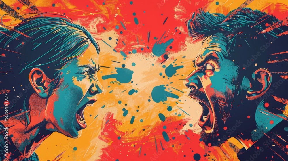 Cartoon Illustration of Two People Arguing with Intense Emotions Colorful Digital Art of a Heated Argument Between Two Individuals Cartoon Illustration of Two People Arguing with Intense Emotions Colorful Digital Art of a Heated Argument Between Two Individuals