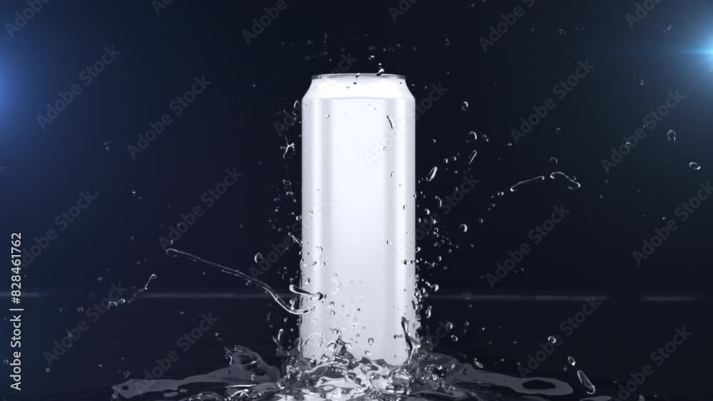 Closeup Slow motion Water splash from back Can Product object isolate on black background. 3D animation.	
