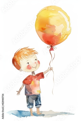 Whimsical Boy Holding a Balloon in Watercolor Style Generative AI © Gro